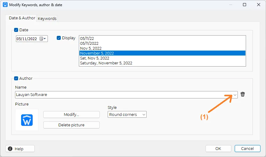 Date, author et keywords of a TOWeb webpage