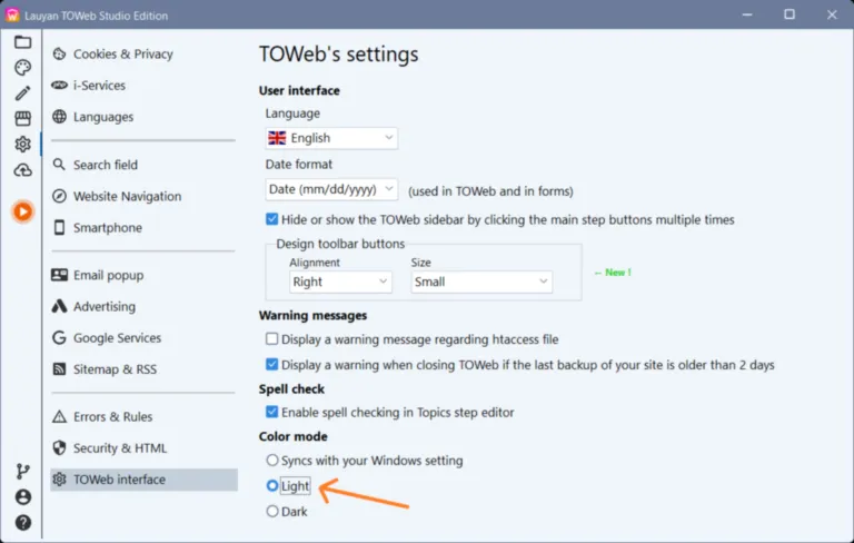 toweb user interface in light mode