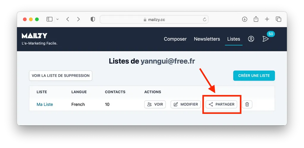 Partager une mailing list Mailzy