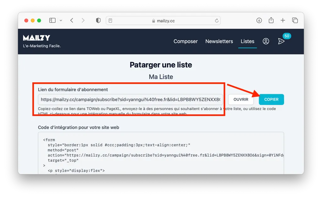 Copier le lien de partage d'une mailing list Mailzy