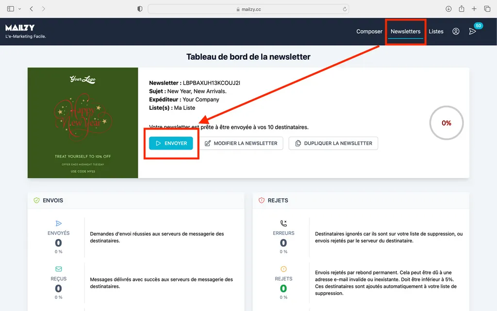 Ecran d'envoi d'une newsletter Mailzy