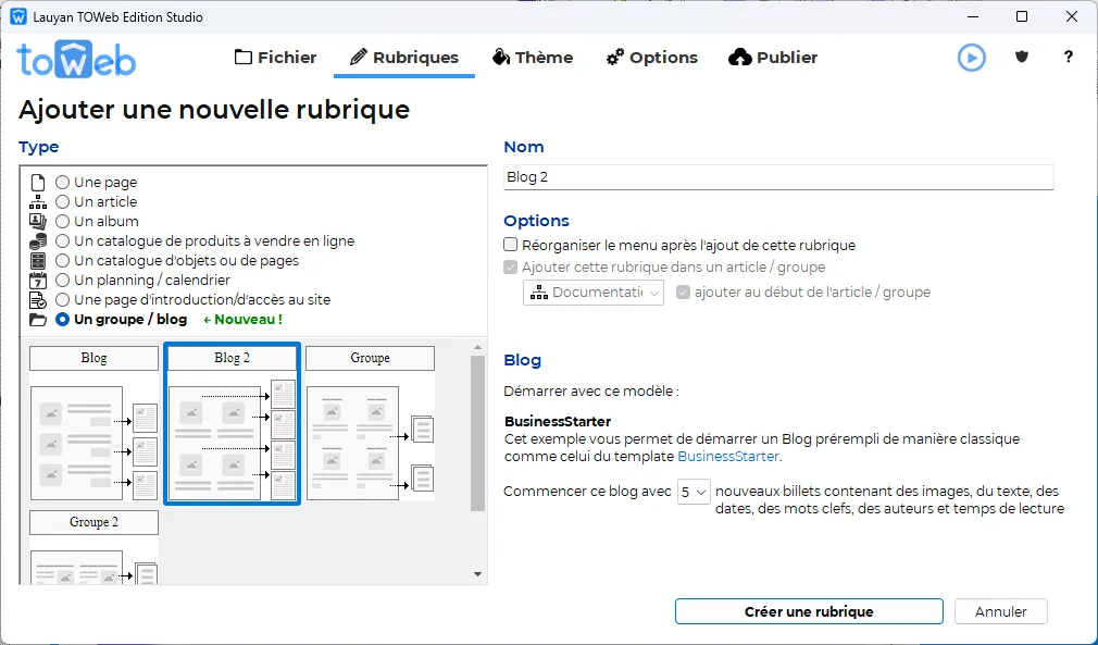 création d'un blog dans TOWeb