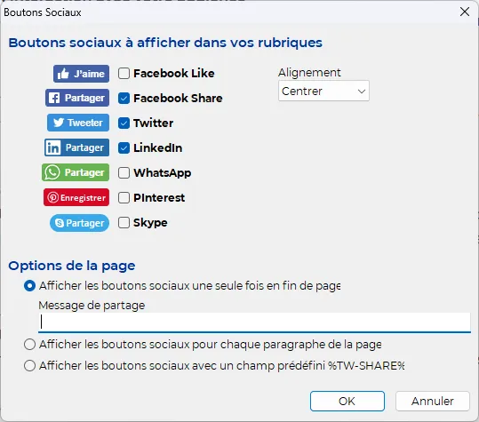 configuration des boutons sociaux