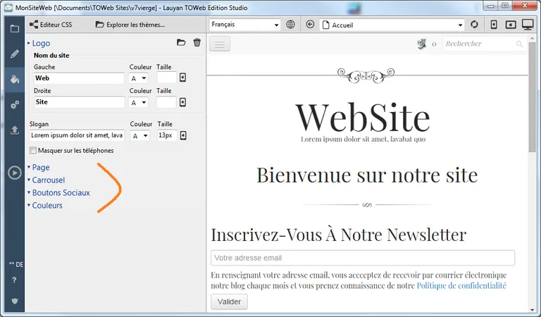 Interface TOWeb éditeur simplifié du thème