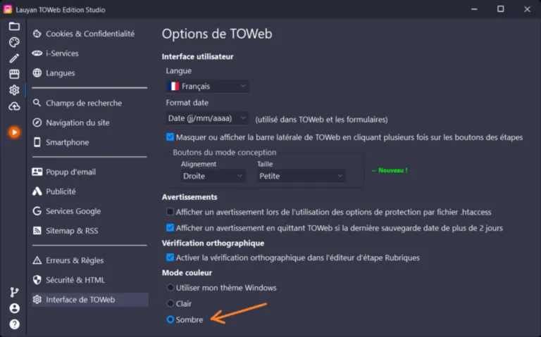 interface TOWeb en mode sombre