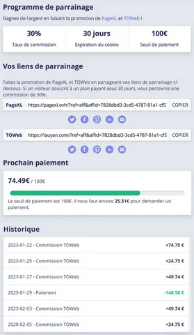 Exemple d'un compte de parrainage TOWeb & PageXL