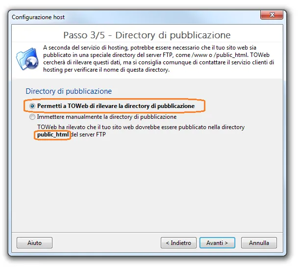 TOWeb Directory di pubblicazione